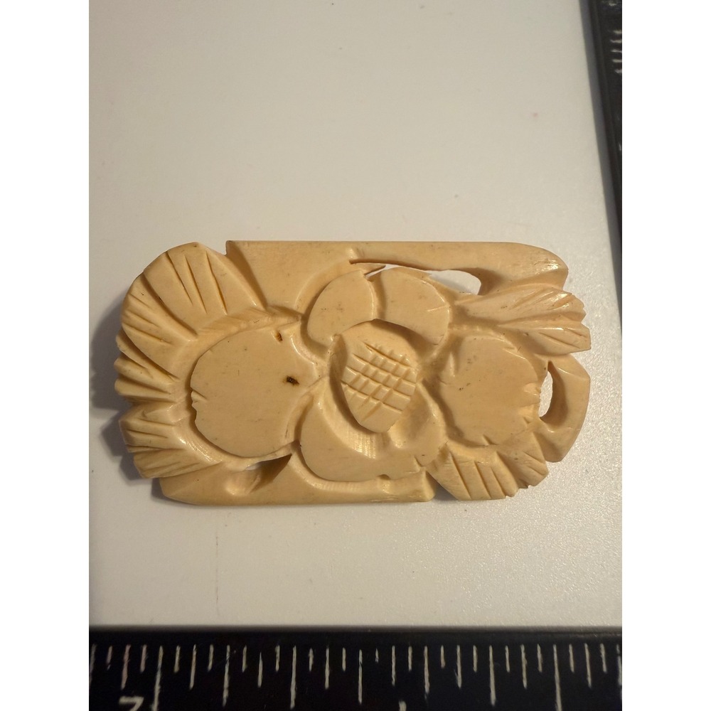 Vintage Carved Floral Brooch Cream Bone Celluloid Rectangle Flower Pin 1.75in